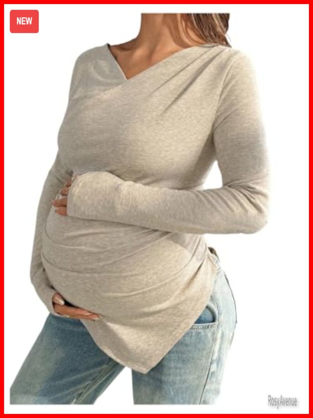 Women's Maternity V Neck Ruched Long Sleeve Asymmetrical Top